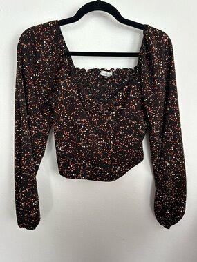 Wild Moss Smocked Square-Neck Crop Top in Black with Orange & Cream Dot Print